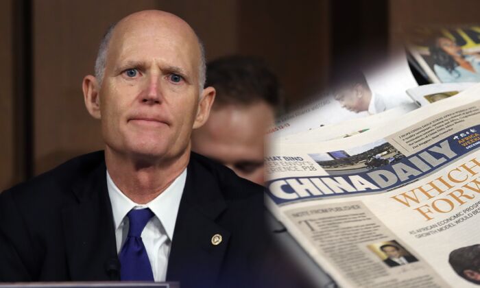 U.S. Sen. Rick Scott (R-Fla.) sent a letter to David Chavern, president and CEO of the News Media Alliance and American Press Institute on Nov. 7, asking him to urge his members to reconsider their collaboration with China Daily, a publication owned by the Communist Party of China. (Win McNamee/Getty Images, TONY KARUMBA/AFP via Getty Images/Epoch Times Composite)