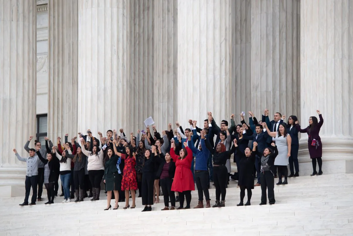 DACA plaintiffs come out of court as immigration rights activists hold a rally in front of the Supreme Court in Washington on Nov. 12, 2019.    (Saul Loeb/AFP via Getty Images)