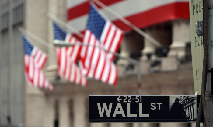A Wall St. sign next to the New York Stock Exchange (NYSE) September 16, 2008 in New York City. (Photo by Spencer Platt/Getty Images)