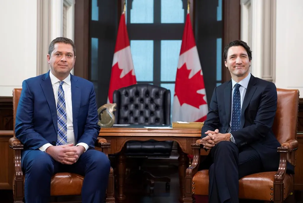 Prime Minister Justin Trudeau meets with Conservative leader Andrew Scheer in his office on Parliament Hill in Ottawa on Nov. 12, 2019. (The Canadian Press/Justin Tang)