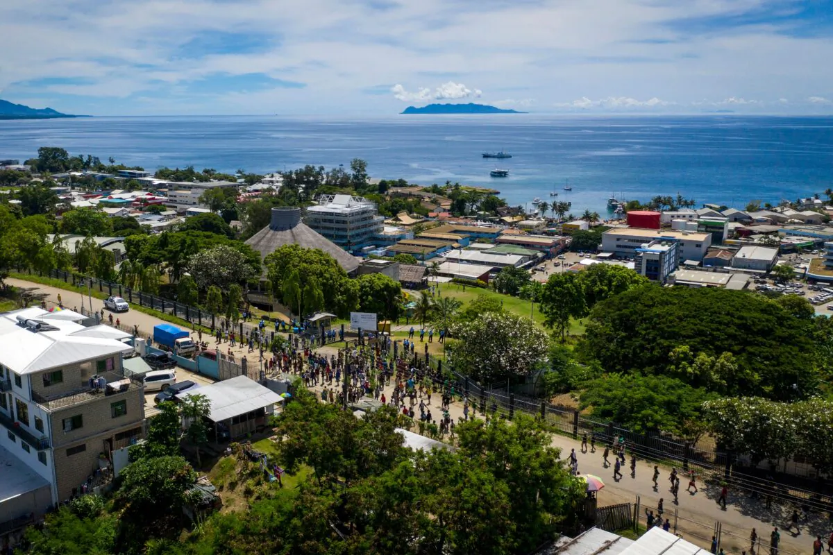Protestors outside the Parliament House building during the Prime Minister Manasseh Sogavare's press conference in Honiara, Solomons Islands, on April 24, 2019. (Robert Taupongi/AFP via Getty Images)