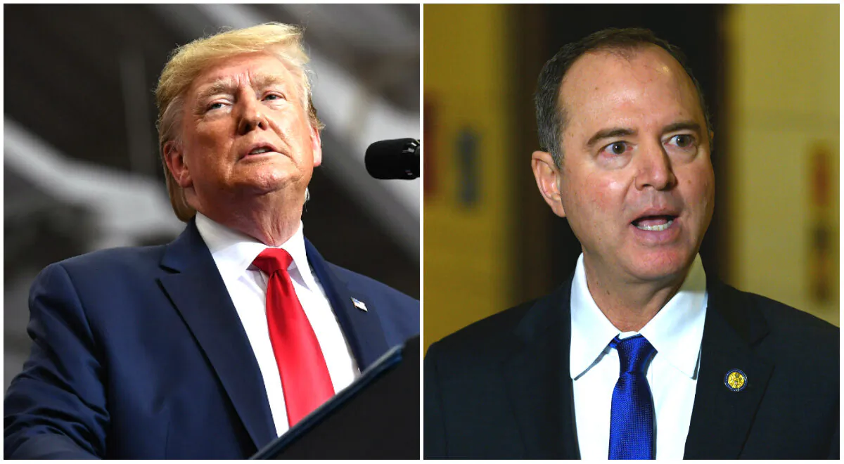 (L) President Donald Trump pauses as he speaks during a rally at the Monroe Civic Center in Monroe, Louisiana on Nov. 6, 2019. (Mandel Ngan/AFP via Getty Images)
(R) US Representative Adam Schiff, Democrat of California and the Chairman of the House Permanent Select Committee on Intelligence speaks to the press on Capitol Hill in Washington, on Nov. 4, 2019. (Andrew Caballero-Reynolds/AFP via Getty Images)