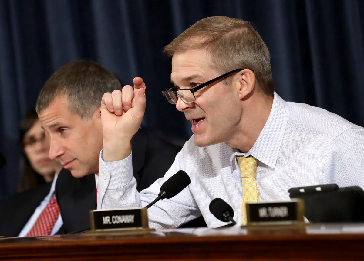 Rep. Jim Jordan (R) (R-Ohio) questions top U.S. diplomat to Ukraine, William B. Taylor Jr., and Deputy Assistant Secretary for European and Eurasian Affairs George P. Kent testify before the House Intelligence Committee in the Longworth House Office Building on Capitol Hill November 13, 2019 in Washington. (Drew Angerer/Getty Images)