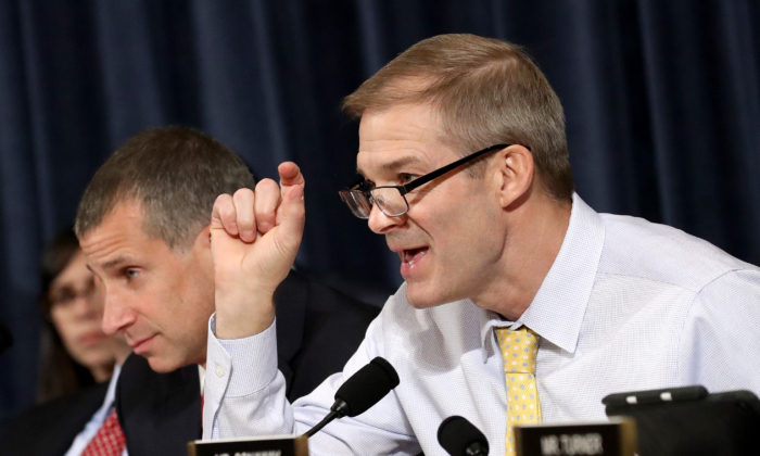 Rep. Jim Jordan (R) (R-Ohio) questions top U.S. diplomat to Ukraine, William B. Taylor Jr., and Deputy Assistant Secretary for European and Eurasian Affairs George P. Kent testify before the House Intelligence Committee in the Longworth House Office Building on Capitol Hill November 13, 2019 in Washington. (Drew Angerer/Getty Images)