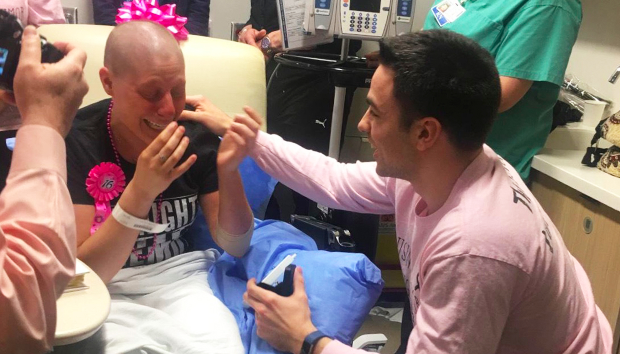 Loyal boyfriend who stuck with girlfriend during breast cancer proposes on her last day of chemo
