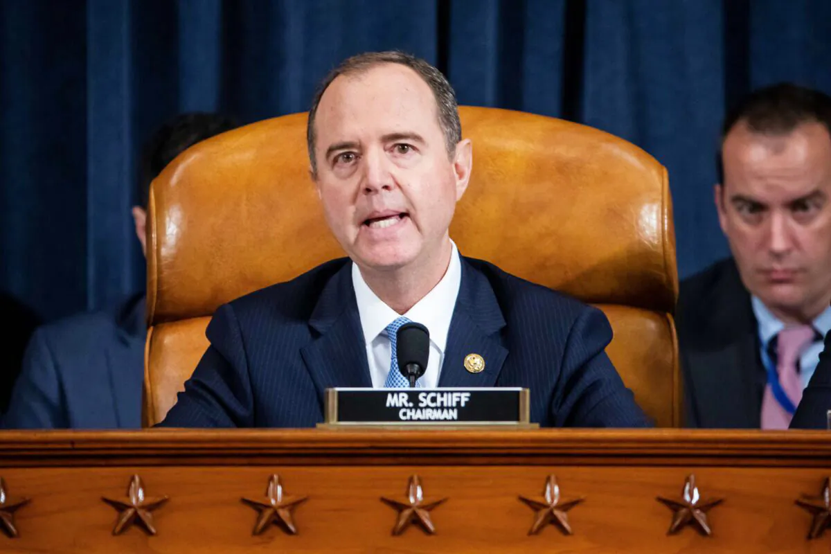 House Intelligence Chairman Adam Schiff (D-Calif.) speaks at the open impeachment hearing in Washington on Nov. 13, 2019. (Jim Lo Scalzo/Pool/AFP via Getty Images)
