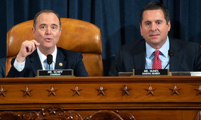 House Intelligence Chairman Adam Schiff (D-Calif.) (L) and Ranking Member Devin Nunes (R-Calif.) during the first public hearings held by the House Intelligence Committee as part of the impeachment inquiry into President Donald Trump on Capitol Hill in Washington on Nov. 13, 2019. (Saul Loeb/Pool/AFP via Getty Images)