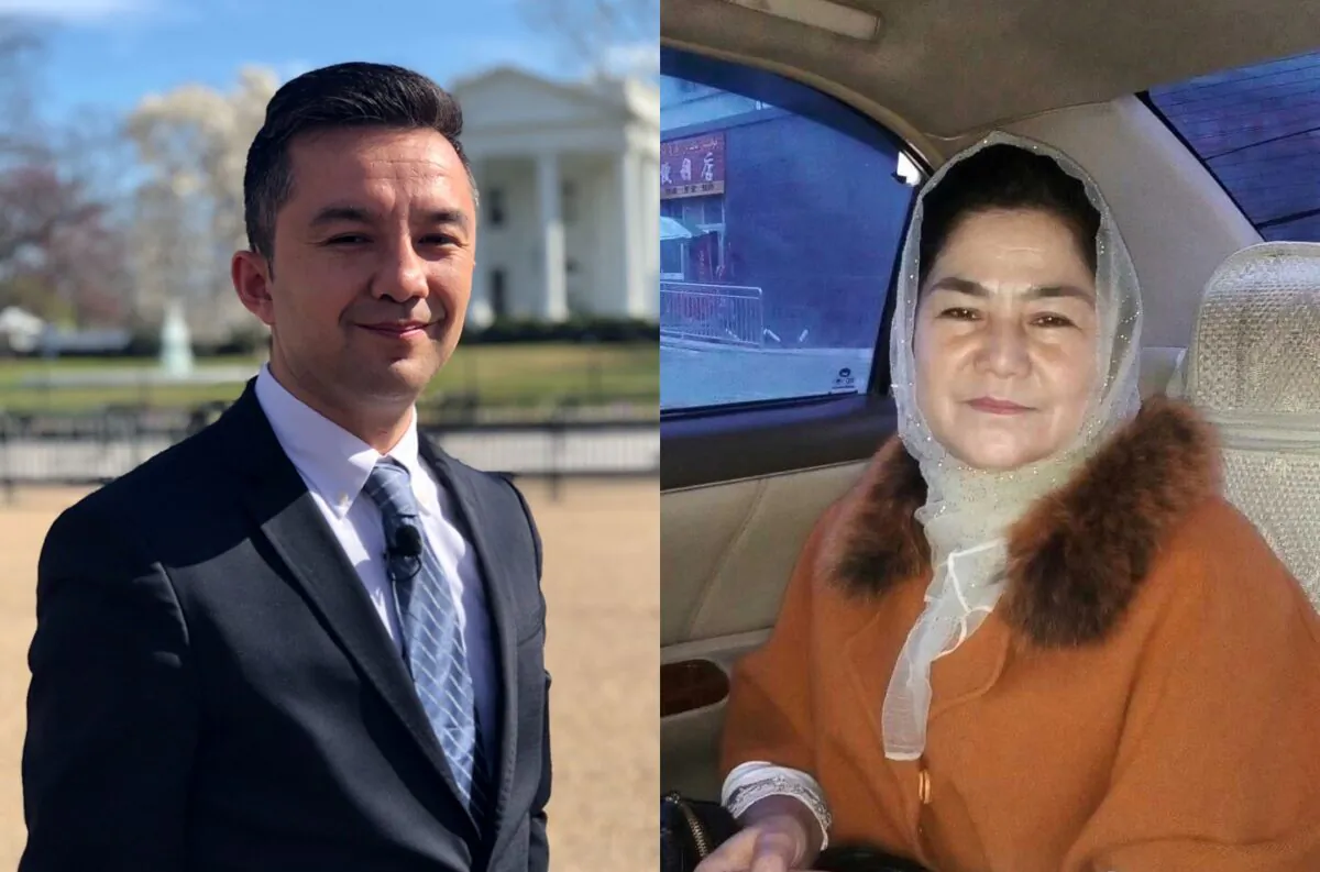 This composite shows Uyghur activist Ferkat Jawdat in front of the White House in Washington, D.C. on March 28, 2019. His mother Minaiwaier Tuersun is pictured on the right shortly before she was detained in Xinjiang, China, in early 2018. (Photos supplied by Ferkat Jawdat via Reuters)
