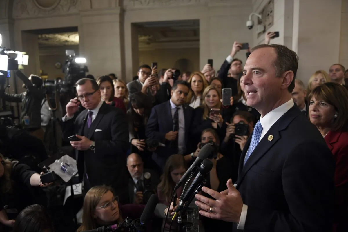 House Intelligence Chairman Adam Schiff (D-Calif.) speaks to reporters after the open impeachment hearing ended on Capitol Hill in Washington on Nov. 13, 2019. (Susan Walsh/AP Photo)