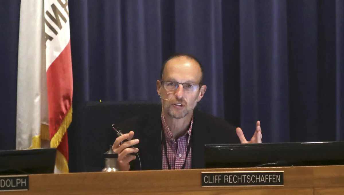 California Public Utilities Commissioner Cliff Rechtschaffen speaks at a CPUC meeting in San Francisco, on Nov. 13, 2019. (AP Photo/Jeff Chiu)