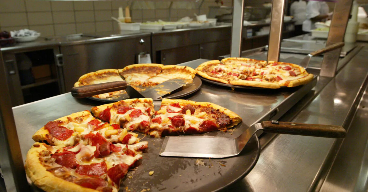 Pizzas available for lunch are seen in the kitchen at Jones College Prep High School April 20, 2004 in Chicago, Ill. (Tim Boyle/Getty Images)