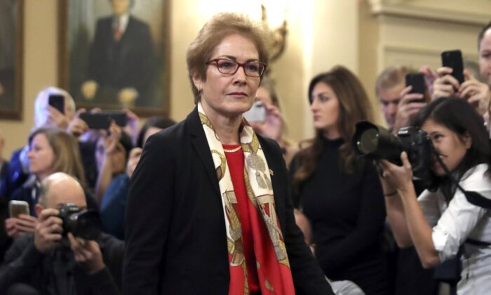 Former U.S. ambassador to Ukraine Marie Yovanovitch arrives to testify before the House Intelligence Committee on Capitol Hill in Washington on Nov. 15, 2019. (Andrew Harnik/AP Photo)
