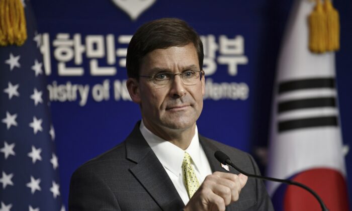 Defense Secretary Mark Esper attends a joint press conference with South Korean Defense Minister Jeong Kyeong-doo, after the 51st Security Consultative Meeting (SCM) at the Defense Ministry in Seoul on Nov. 15, 2019. (Jung Yeon-je/Pool Photo via AP)