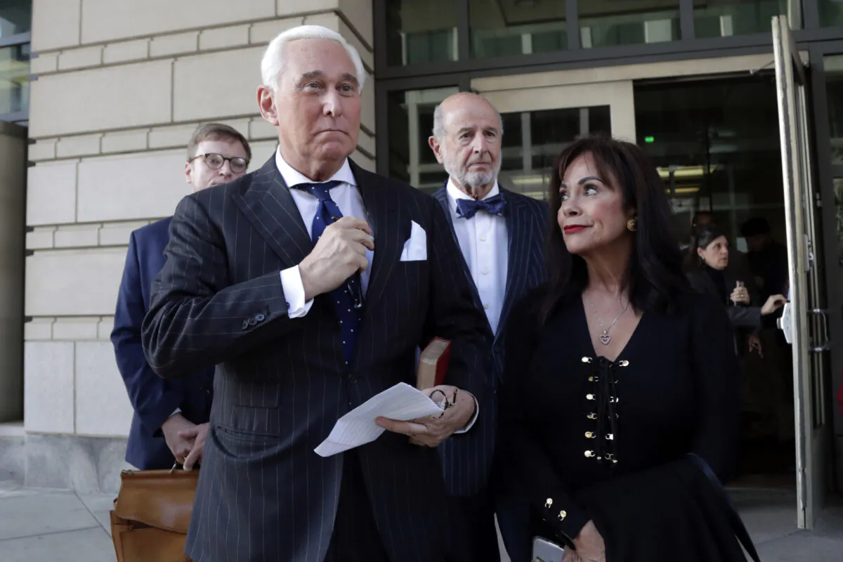 Roger Stone with his wife, Nydia Stone, leaves federal court in Washington on Nov. 15, 2019. (Julio Cortez/AP Photo)
