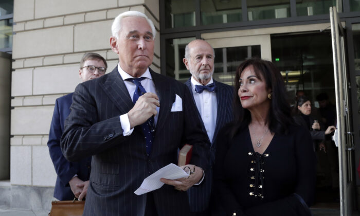Roger Stone with his wife, Nydia Stone, leaves federal court in Washington on Nov. 15, 2019. (Julio Cortez/AP Photo)