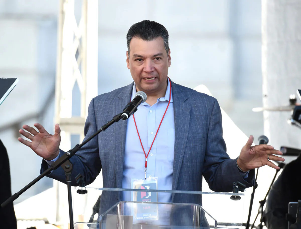 Secretary of State of California Alex Padilla speaks at Pershing Square in Los Angeles on Jan. 20, 2018. (Amanda Edwards/Getty Images for The Women's March Los Angeles)
