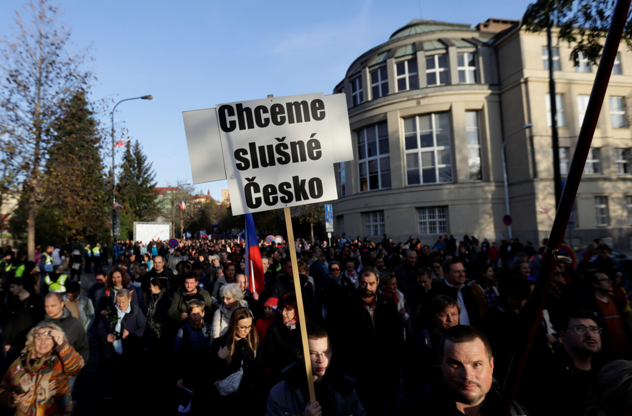 People attend a reenactment of the 1989 protest march to commemorate the 30th anniversary of the 1989 Velvet Revolution in Prague, Czech Republic, November 17, 2019. (David W Cerny/Reuters)