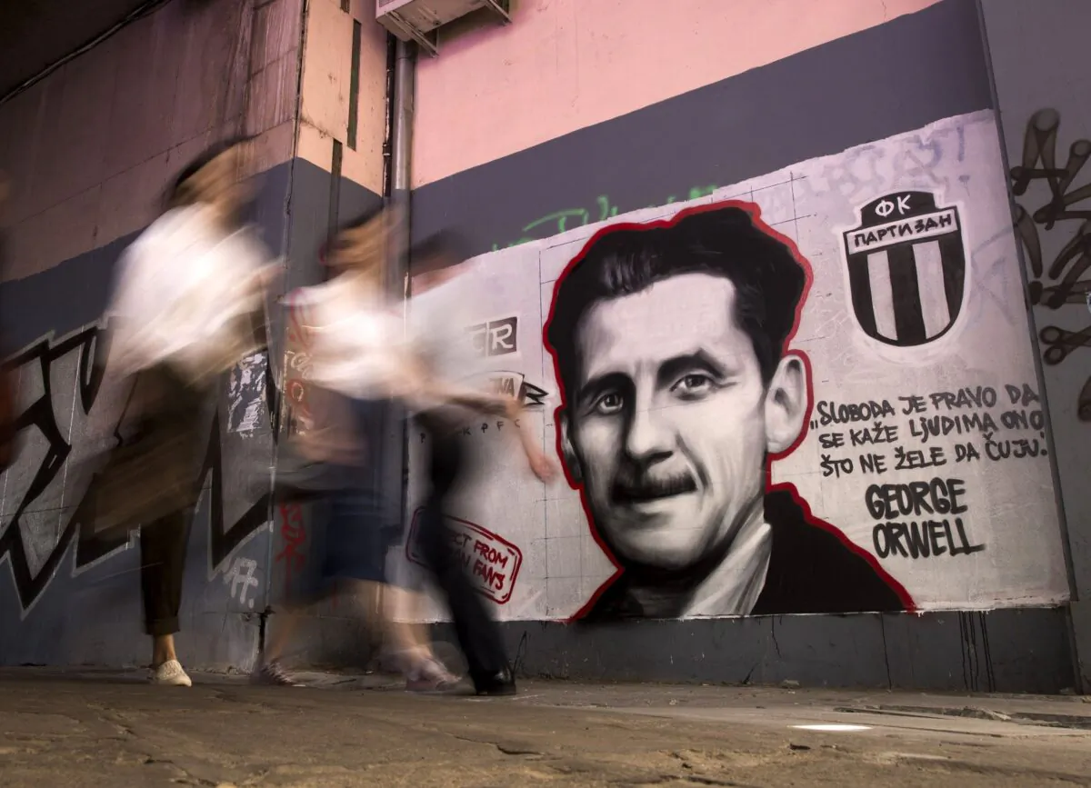 A mural depicting British novelist George Orwell with the words “Freedom is the right to tell people what they do not want to hear,” in Belgrade, Serbia, on May 8, 2018. (Oliver Bunic/AFP via Getty Images)