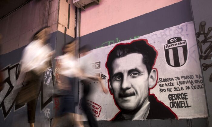 A mural depicting British novelist George Orwell with the words “Freedom is the right to tell people what they do not want to hear,” in Belgrade, Serbia, on May 8, 2018. (Oliver Bunic/AFP via Getty Images)