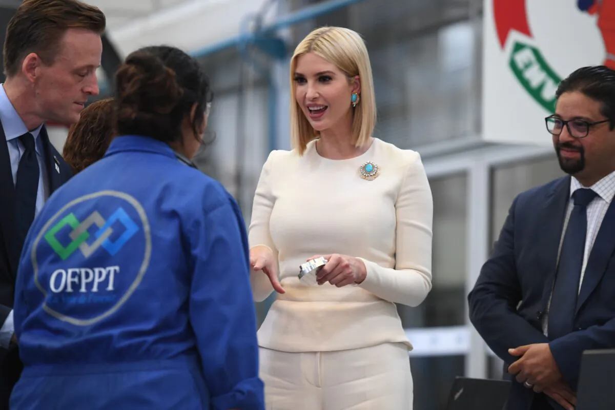 Ivanka Trump (C), daughter and advisor of US President Donald Trump, chats with a student as she tours ISMALA, a Moroccan institute specializing in aeronautic industries and civil aviation logistics, in the port city of Casablanca on November 8, 2019. (FADEL SENNA/AFP via Getty Images)