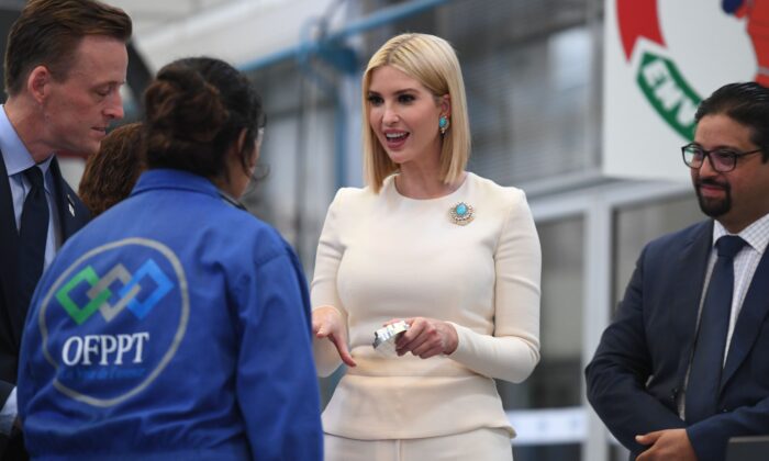 Ivanka Trump (C), daughter and advisor of US President Donald Trump, chats with a student as she tours ISMALA, a Moroccan institute specializing in aeronautic industries and civil aviation logistics, in the port city of Casablanca on November 8, 2019. (FADEL SENNA/AFP via Getty Images)