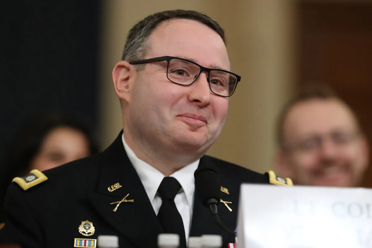 Alexander Vindman, a National Security Council official, testifies before the House Intelligence Committee in the Longworth House Office Building on Capitol Hill in Washington on Nov. 19, 2019. (Chip Somodevilla/Getty Images)