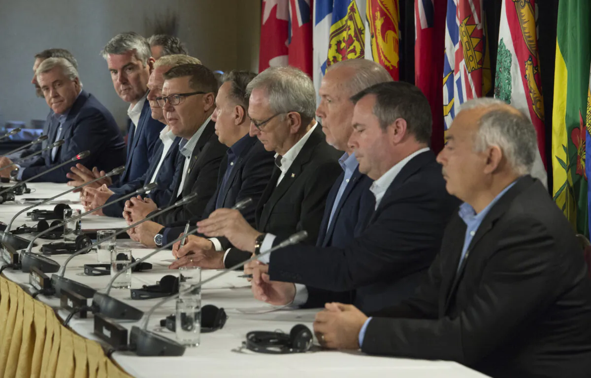 Canada's provincial premiers attend a news conference following a meeting in Saskatoon, Sask., on July 11, 2019. (The Canadian Press/Jonathan Hayward)