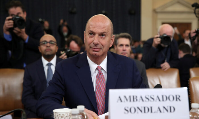 U.S. Ambassador to the European Union Gordon Sondland takes his seat to testify before a House Intelligence Committee hearing as part of the impeachment inquiry into President Donald Trump on Capitol Hill in Washington on Nov. 20, 2019. (Jonathan Ernst/Reuters)