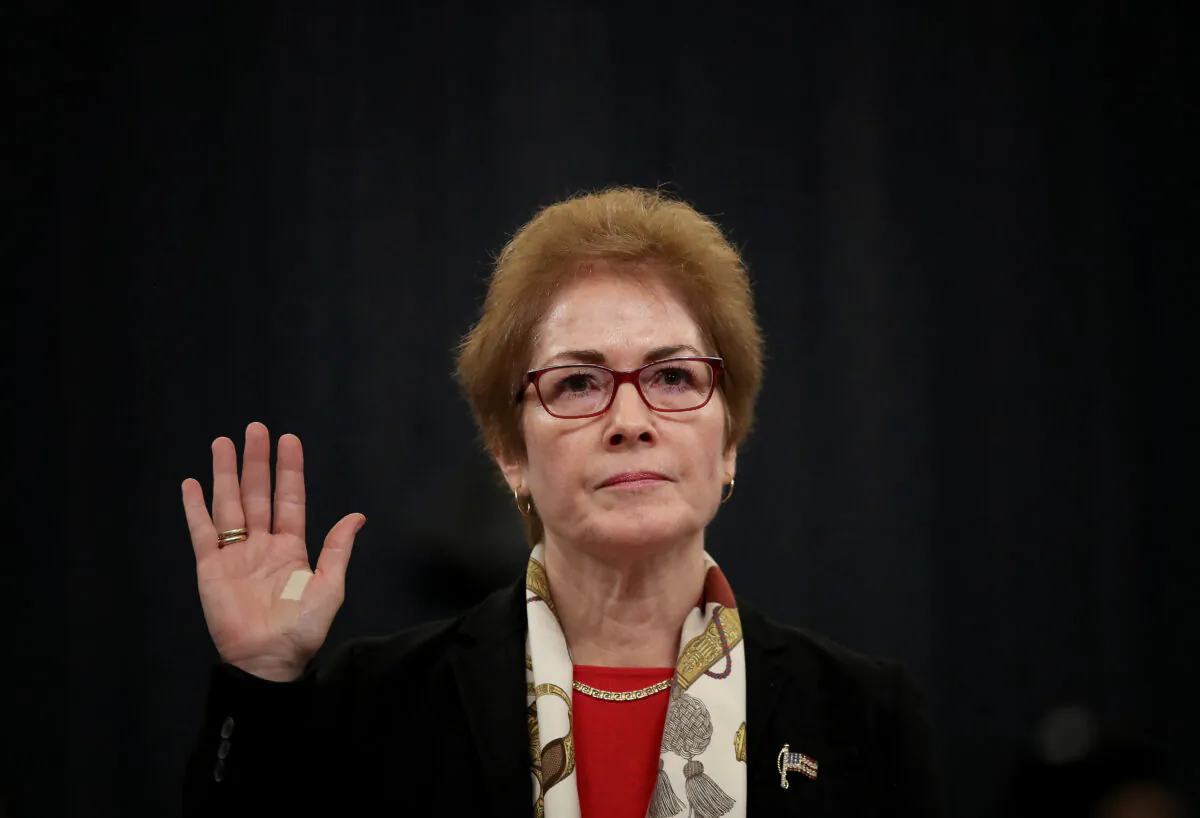 Former U.S. Ambassador to Ukraine Marie Yovanovitch is sworn in prior to providing testimony before the House Intelligence Committee in the Longworth House Office Building on Capitol Hill in Washington on Nov. 15, 2019. (Drew Angerer/Getty Images)