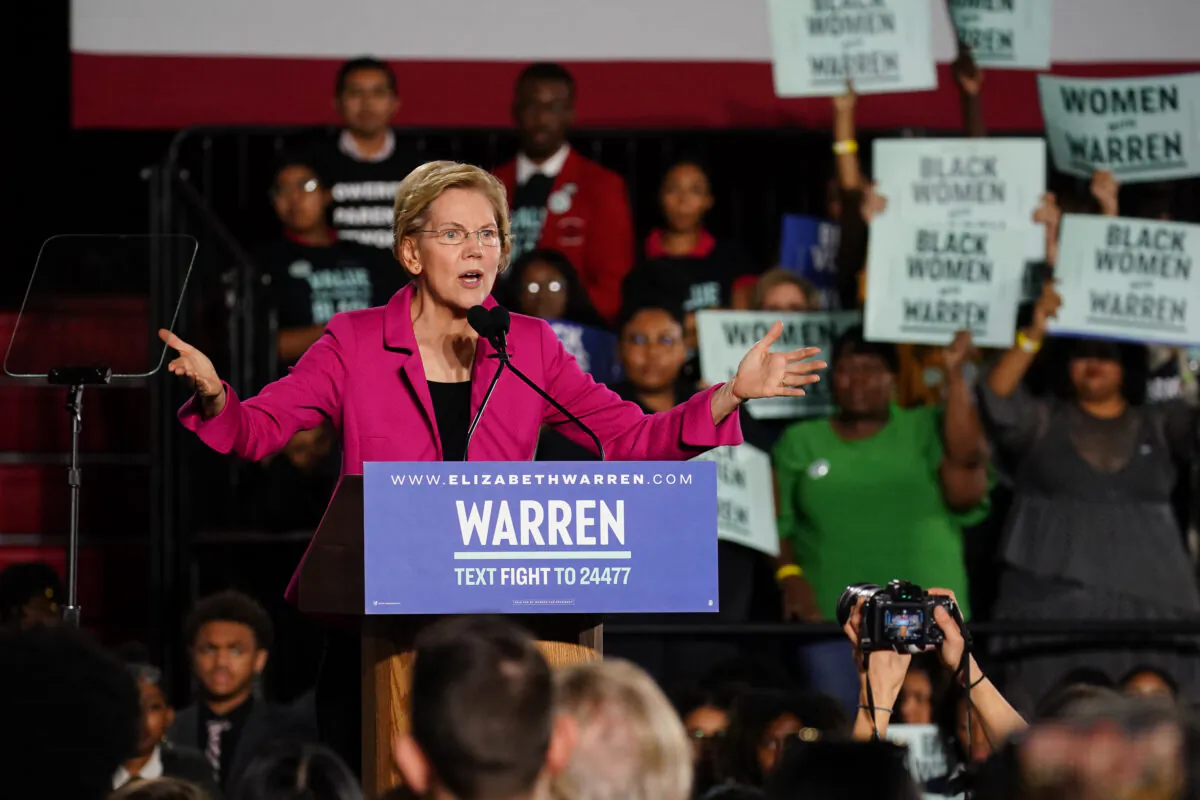 Democratic presidential candidate Sen. Elizabeth Warren (D-Mass.) speaks at a campaign event at Clark Atlanta University in Atlanta, Georgia on Nov. 21, 2019. (Photo by Elijah Nouvelage/Getty Images)