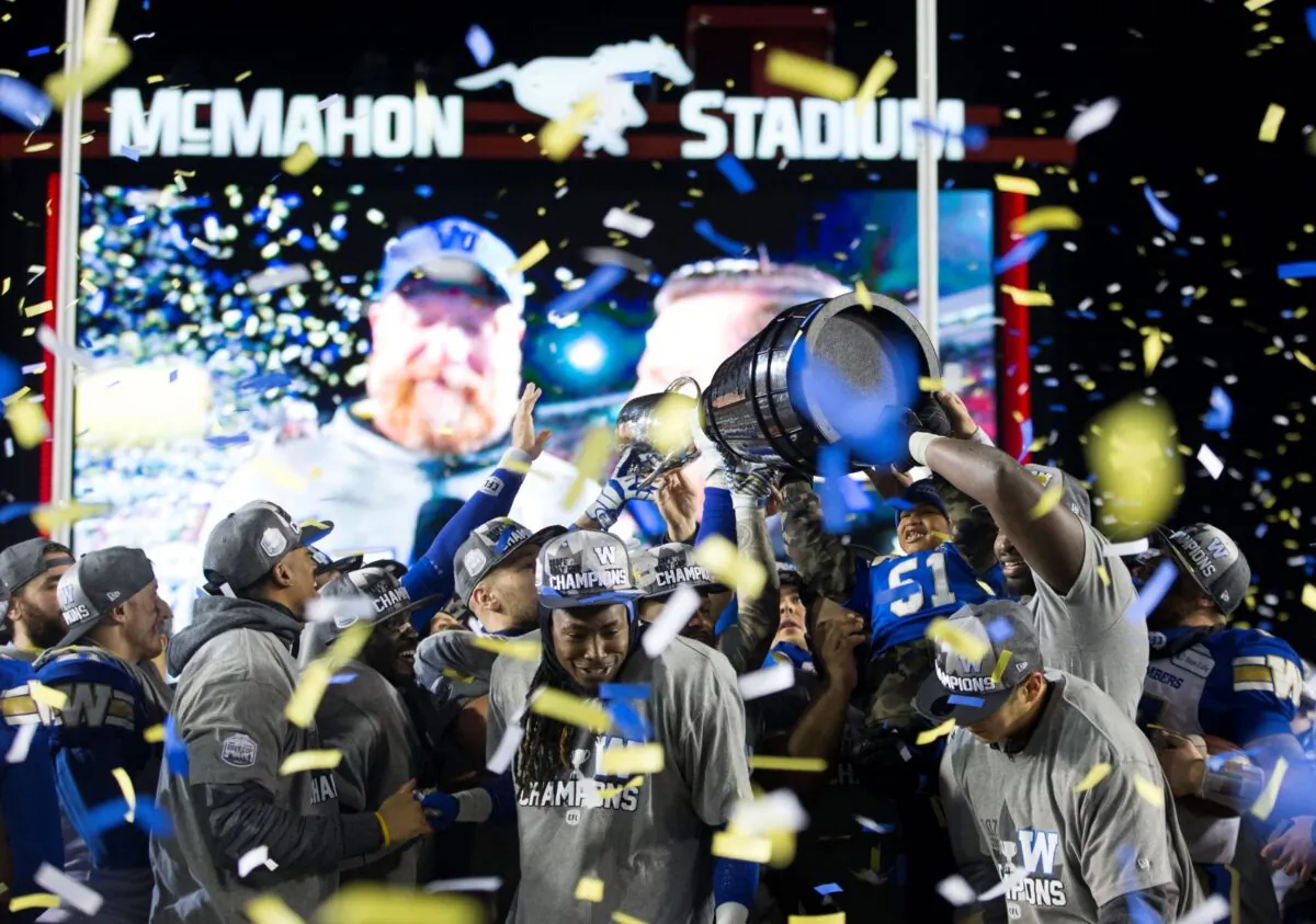 The Winnipeg Blue Bombers celebrate winning the 107th Grey Cup against the Hamilton Tiger Cats in Calgary on Nov. 24, 2019.  (The Canadian Press/Todd Korol)