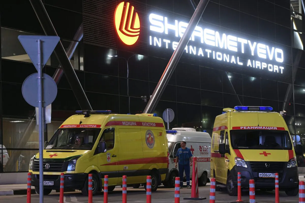 Ambulances are parked in front of the terminal building of the Sheremetyevo Airport outside Moscow after an emergency landing on May 5, 2019. (Kirill Kudryavtsev/AFP via Getty Images)