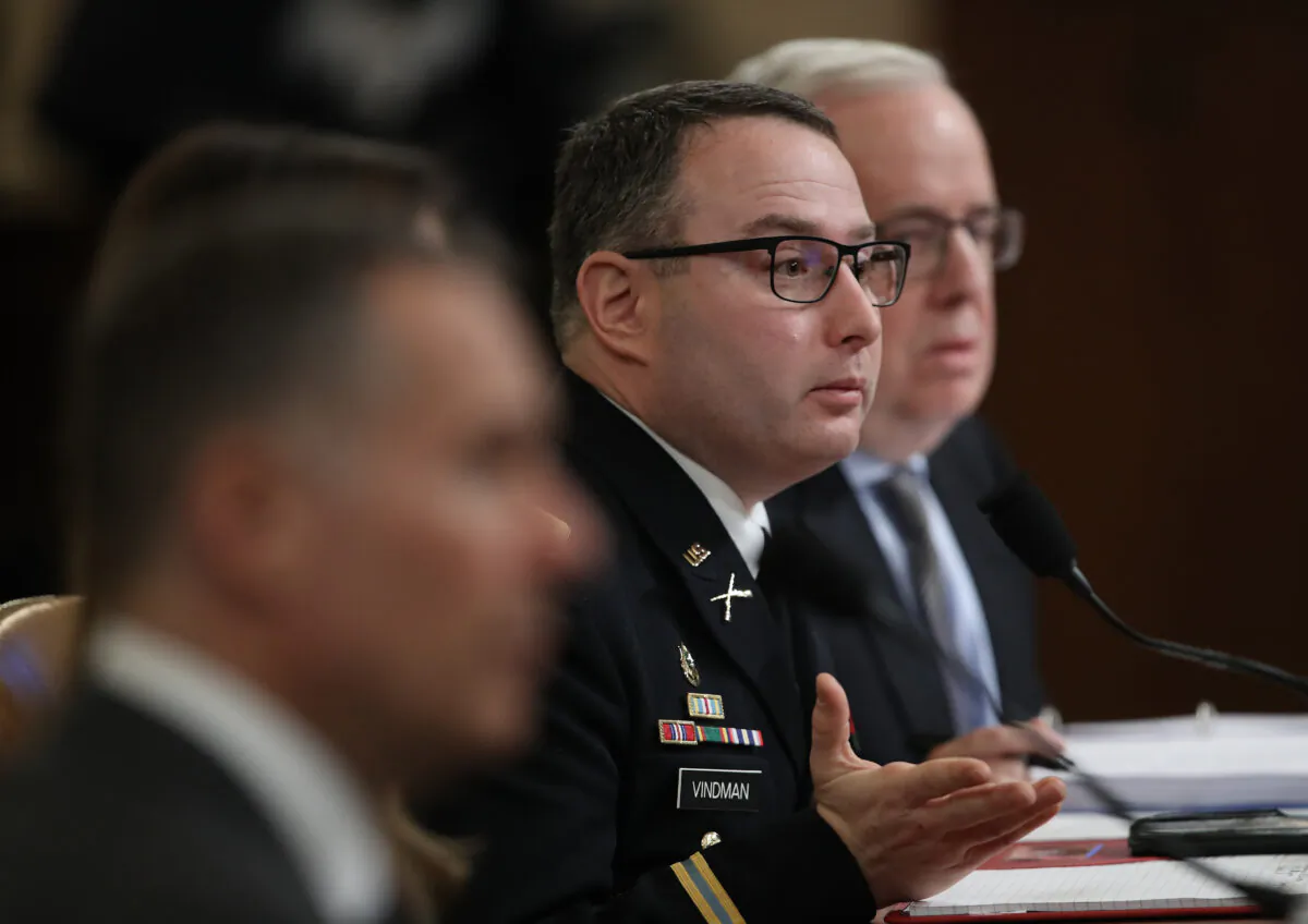 Lt. Col. Alexander Vindman, National Security Council Director for European Affairs, testifies before the House Intelligence Committee in the Longworth House Office Building on Capitol Hill on Nov. 19, 2019.   Drew Angerer/Getty Images
