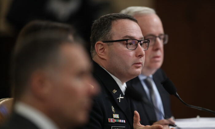 Lt. Col. Alexander Vindman, National Security Council Director for European Affairs, testifies before the House Intelligence Committee in the Longworth House Office Building on Capitol Hill on Nov. 19, 2019. Drew Angerer/Getty Images