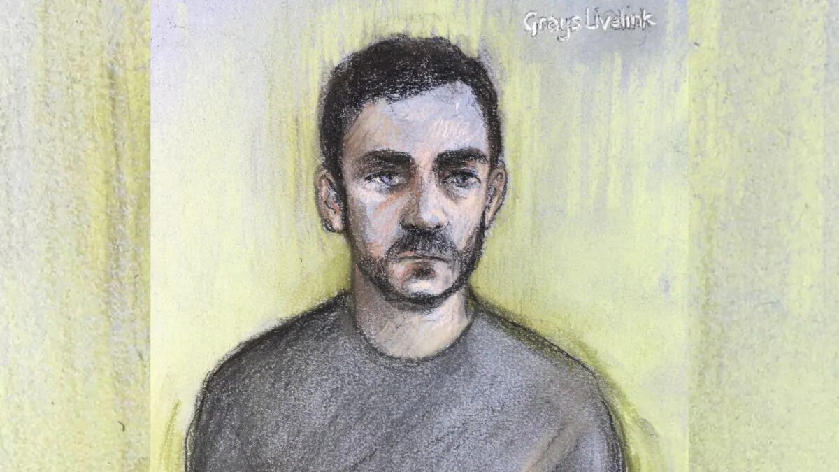 A court artist sketch by Elizabeth Cook, shows lorry driver Maurice Robinson on a video-link at Chelmsford Magistrates' Court, England on Oct. 28, 2019. (Elizabeth Cook/PA via AP)