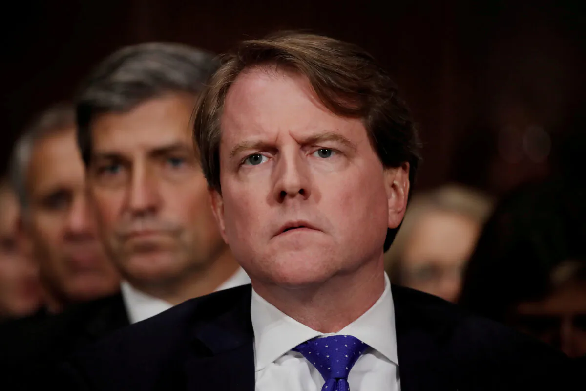 Then-White House counsel Don McGahn listens to U.S. Supreme Court nominee Brett Kavanaugh testify before a Senate Judiciary Committee confirmation hearing on Capitol Hill in Washington on Sept. 27, 2018. (Jim Bourg/Reuters)