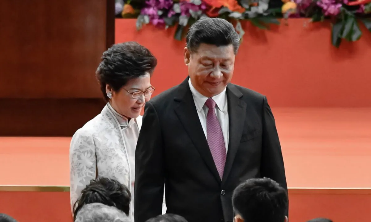Carrie Lam, Hong Kong's Chief Executive and Chinese leader Xi Jinping attend an inauguration ceremony in Hong Kong, China on July 1, 2017. (Keith Tsuji/Getty Images)
