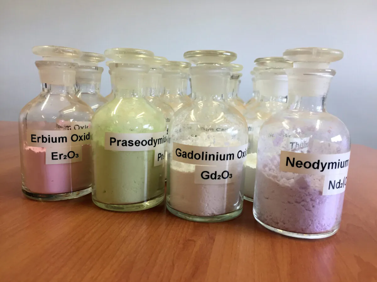 Australia's Lynas Corp. produced jars containing rare earth minerals from its Mount Weld operations northeast of Perth, Australia, on Aug. 23, 2019. (Melanie Burton/Reuters)