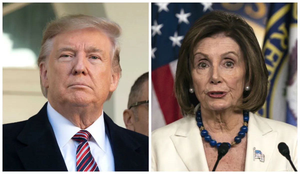 President Donald Trump (L) speaks at the White House on Nov. 25, 2019. (Jim Watson/AFP via Getty Images); House Speaker Nancy Pelosi (D-Calif.) speaks to the media during her weekly press conference at the U.S. Capitol in Washington on Nov. 21, 2019. (Alex Edelman/Getty Images)
