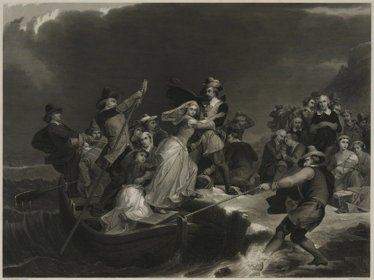 "Landing of the Pilgrims on Plymouth Rock, 1620," engraving by Joseph Andrews, circa 1869. (Public domain)