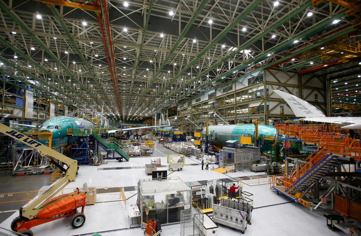 Several Boeing 777X aircraft are seen in various stages of production during a media tour of the Boeing 777X at the Boeing production facility in Everett, Washington, on Feb. 27, 2019.  (Reuters/Lindsey Wasson)