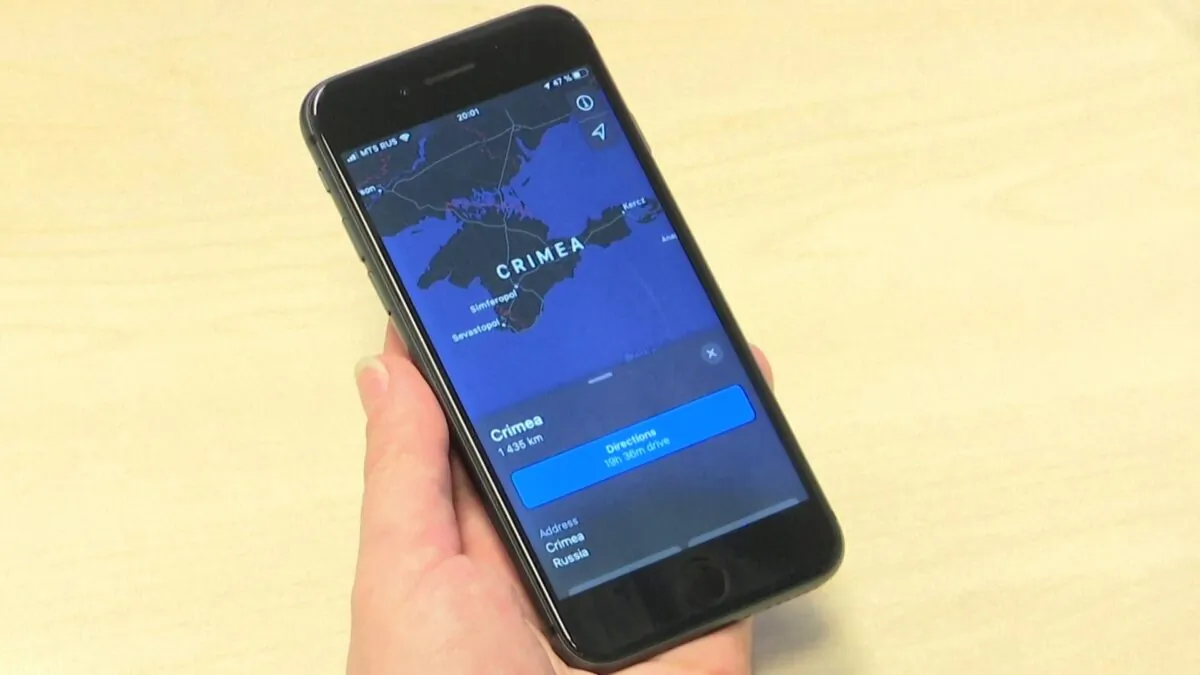 Screenshot from a video shows a smartphone displaying Crimea as a Russian territory on Maps in  Moscow, Russia on November 27, 2019 (Video by Reuters)
