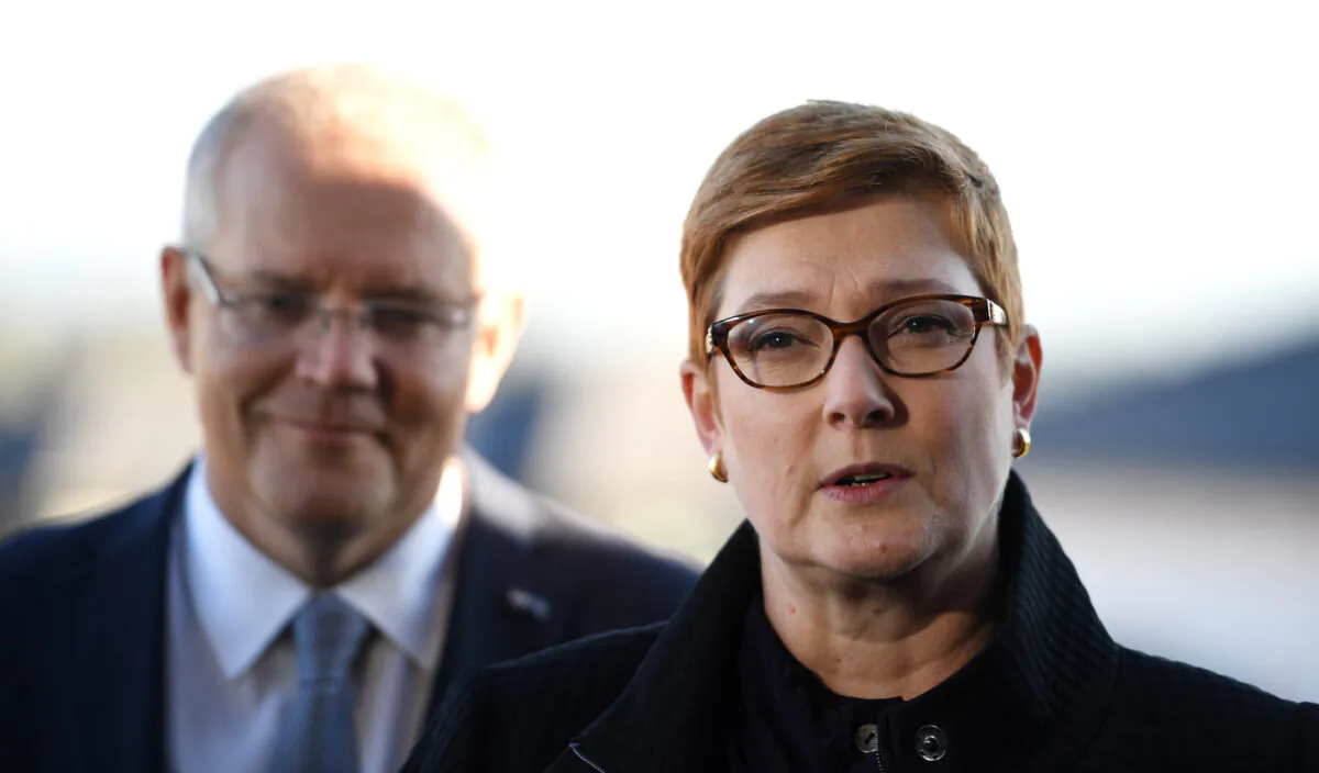 Prime Minister Scott Morrison (L) with Senator Marise Payne (R) speak to media in Sydney, Australia on May 13, 2019. (Tracey Nearmy/Getty Images)