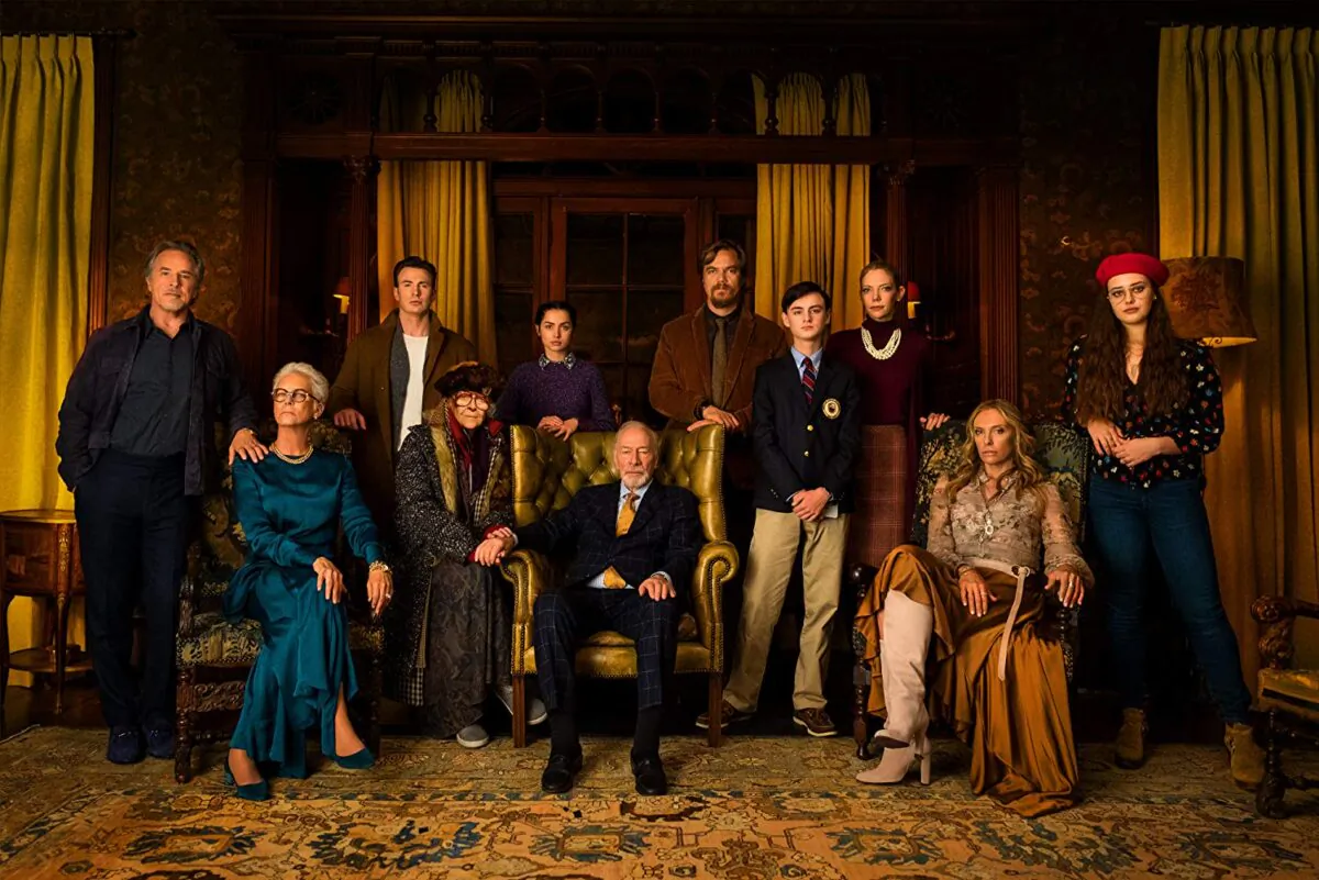 A Star-studded cast: (L–R) Don Johnson, Jamie Lee Curtis, Chris Evans,  K Callan,  Ana de Armas, Christopher Plummer, Michael Shannon,  Jaeden Martel, Riki Lindhome,Toni Collette, and Katherine Langford in “Knives Out.” (Claire Folger / MRC II Distribution Company L.P.) 