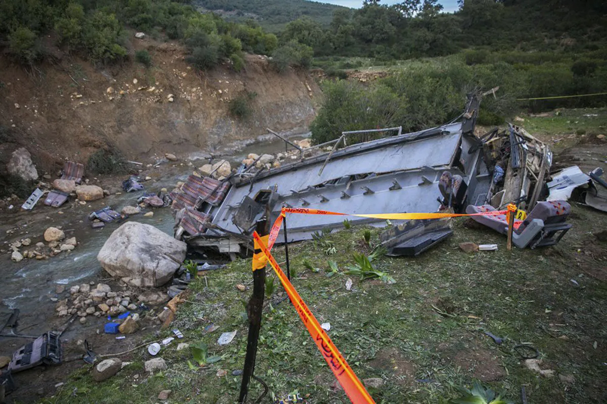 The debris of a regional bus that crashed off a hill in Tunisia on Sunday, Dec.1, 2019. (AP Photo/Riadh Dridi)