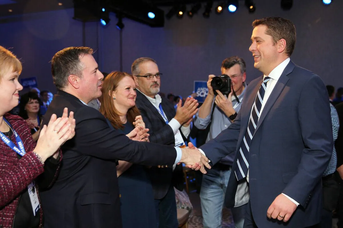 Conservative Party Leader Andrew Scheer shakes hands with Alberta Premier Jason Kenney after his keynote speech at the Alberta United Conservative Party AGM in Calgary on Nov. 29, 2019. (The Canadian Press/Dave Chidley)