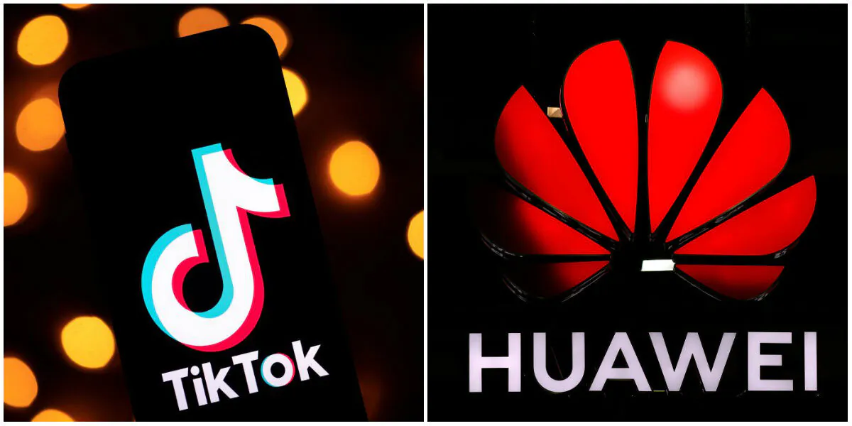 The logo of the social media app TikTok (L) in Paris on Nov. 21, 2019 and a Huawei sign in Zurich on Oct. 15, 2019. (Lionel Bonaventure and Stefan Wermuth/AFP via Getty Images)
