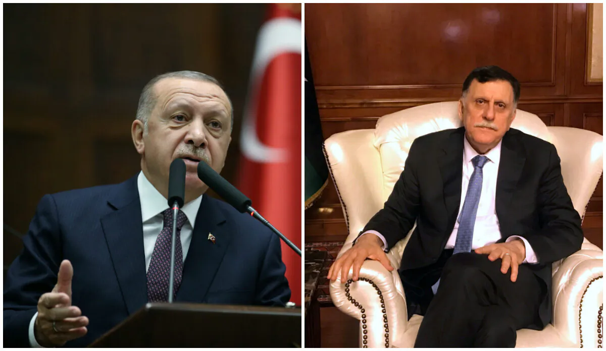  (L) Turkish President Tayyip Erdogan addresses lawmakers from his ruling AK Party during a meeting at the parliament in Ankara, Turkey, November 26, 2019. (Presidential Press Office/Handout/Reuters/File), (R) Libya’s internationally recognized Prime Minister Fayez al-Serraj in an interview at his office in Tripoli, Libya June 16, 2019. (Ulf Laessing/Reuters/File)