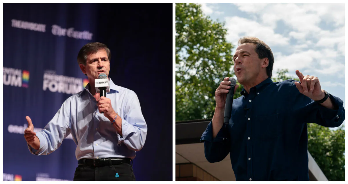 (L) Democratic presidential candidate and former Pennsylvania congressman Joe Sestak speaks at a LGBTQ presidential forum at Coe College’s Sinclair Auditorium in Cedar Rapids, Iowa, on Sept. 20, 2019. (Scott Olson/Getty Images) (R) Democratic presidential hopeful Montana Gov. Steve Bullock speaks at the Des Moines Register Political Soapbox at the Iowa State Fair in Des Moines, Iowa, on Aug. 8, 2019. (Alex Edelman/AFP via Getty Images)