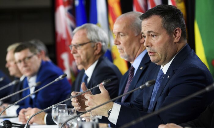 Alberta Premier Jason Kenney speaks to the media during a press conference after a meeting of the Council of the Federation, which comprises all 13 provincial and territorial leaders, in Mississauga, Ont., on Dec. 2, 2019. (The Canadian Press/Nathan Denette)